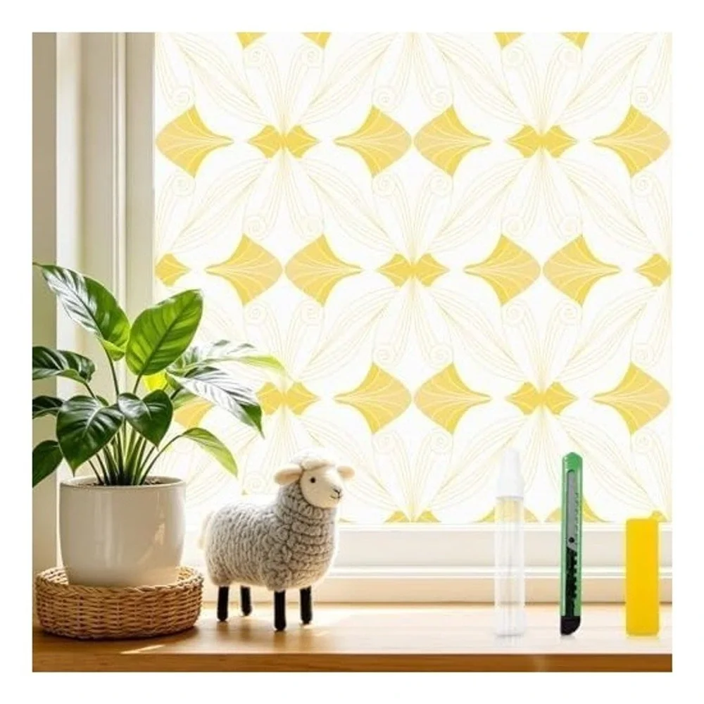 Set of 2 Frosted Glass Window Privacy Film 2pk Yellow Geometric Pattern UV Block